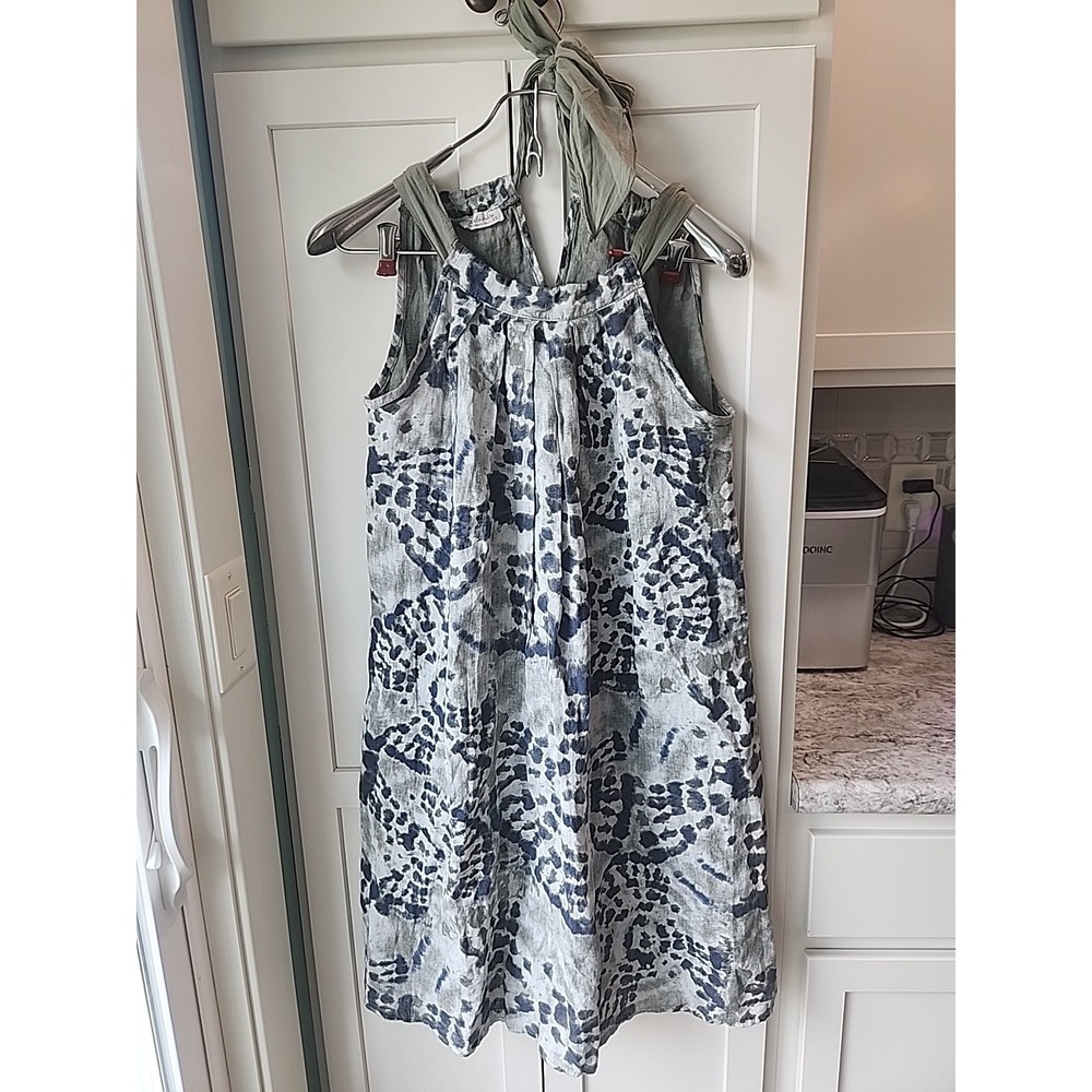 Sz Xs ITALIAN LINEN Shift Dress / Cover Up Brown‎ Blue Tie Dye comfortable